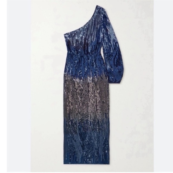 RIXO London Bradshaw Sequin beaded Dress One Sleeve Ombre Blue Metallic 8 NWT - Picture 2 of 11